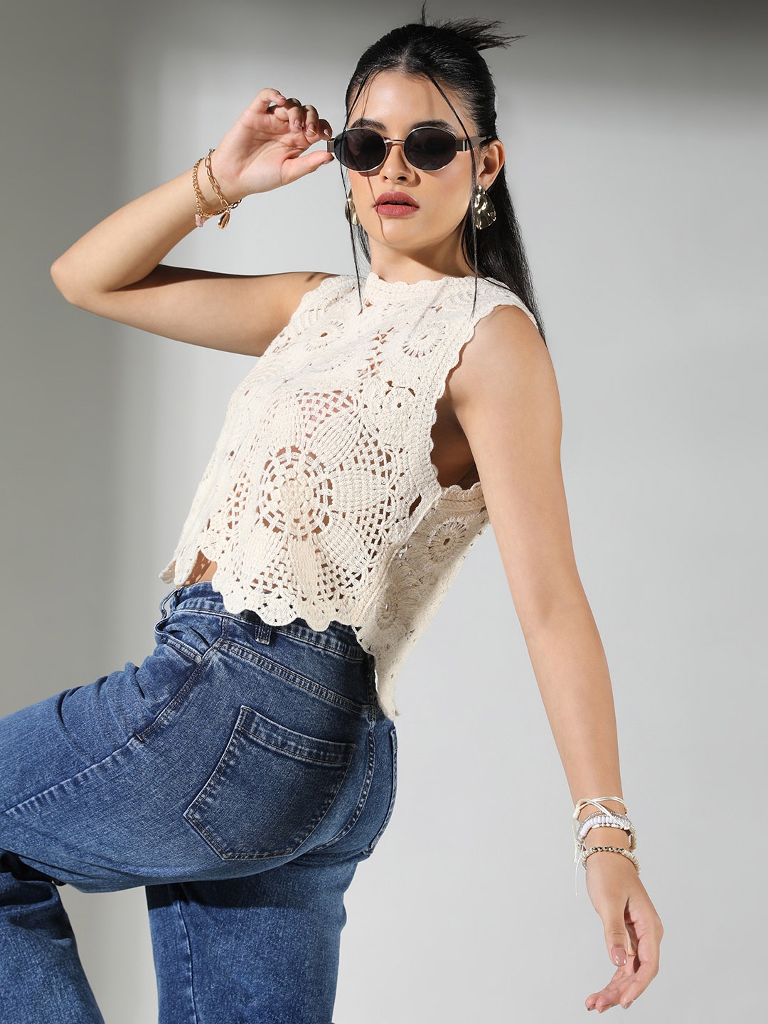 

SHOWOFF Women Floral Cotton Crochet Crop Top, Cream