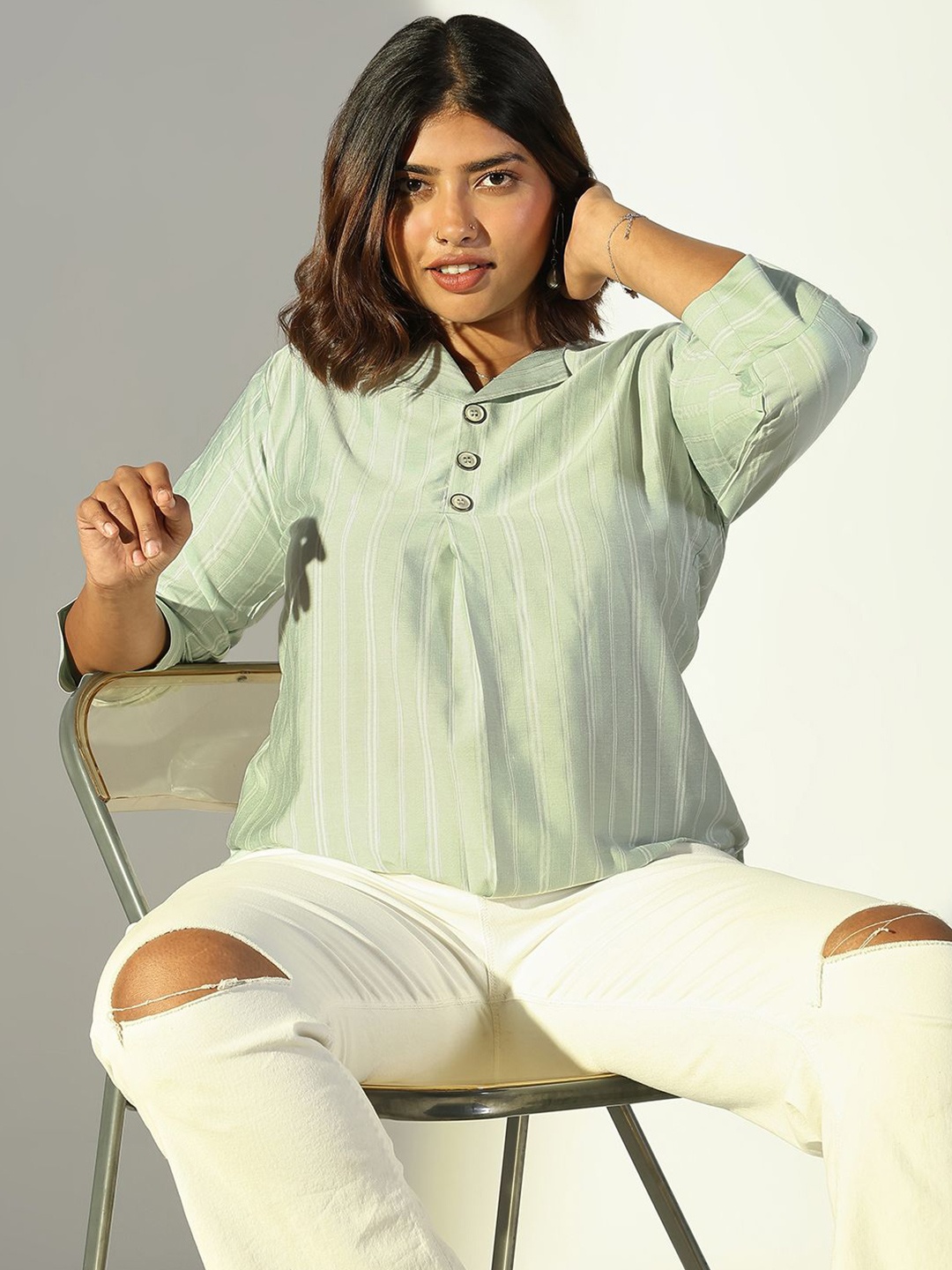 

SHOWOFF Striped Cotton Top, Green