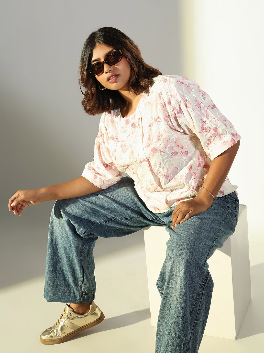 

SHOWOFF Women Floral Printed Cotton Plus Size Regular Top, White
