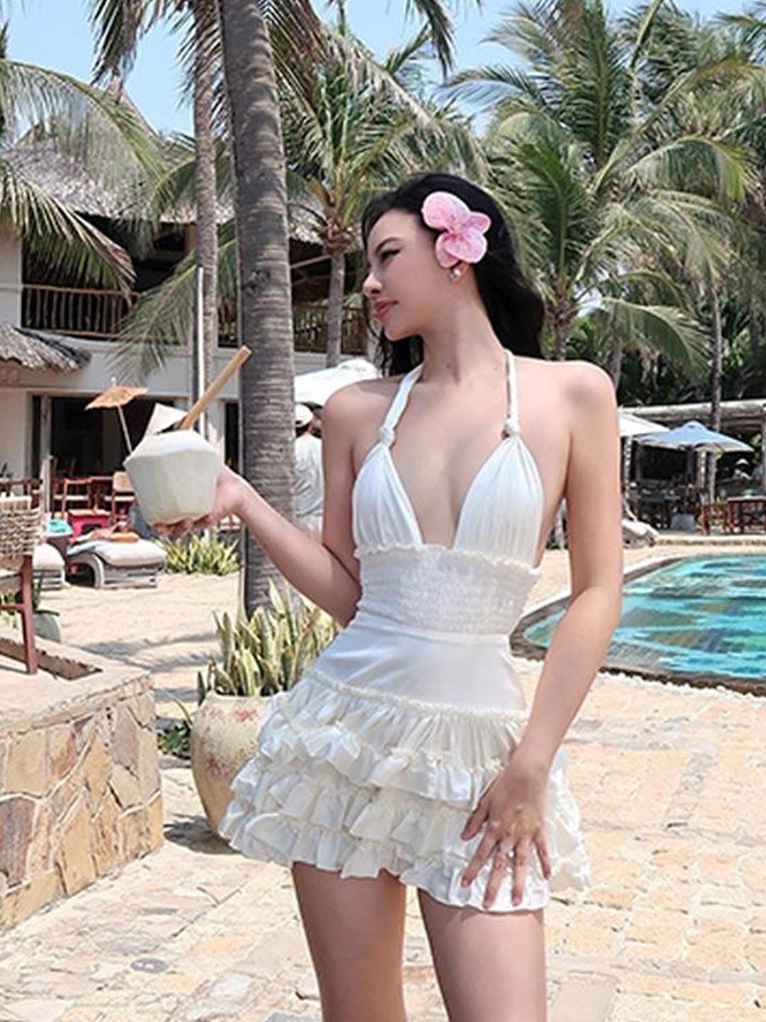

LULU & SKY Halter Neck Fit and Flare Dress, Off white