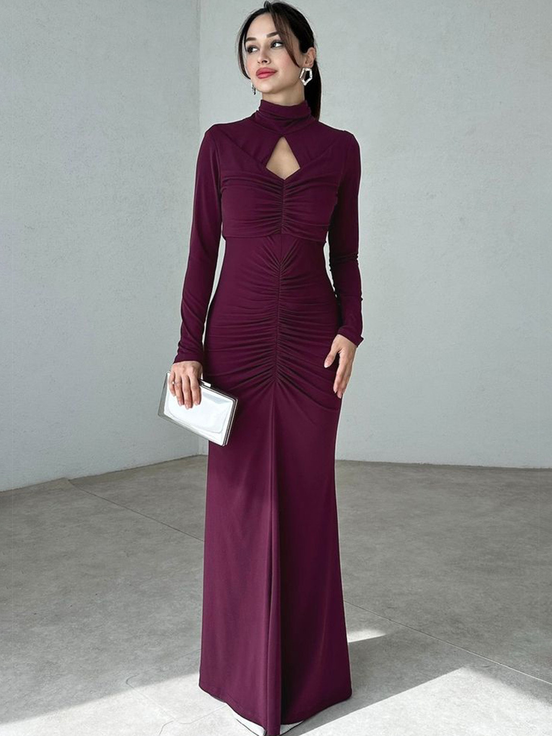 

LULU & SKY Choker Neck Gathered Detail Fishtail Maxi Dress, Purple
