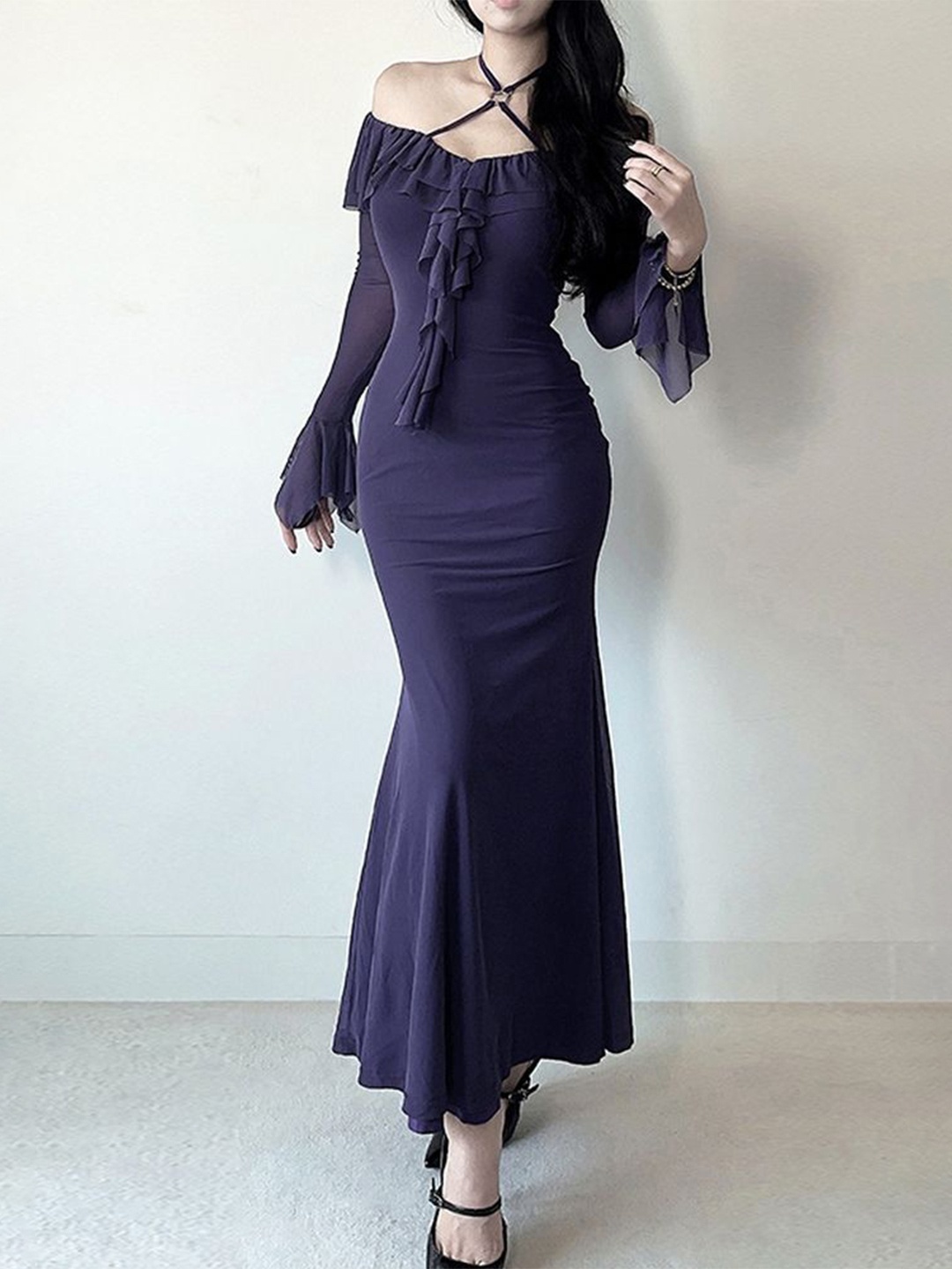 

LULU & SKY Women Halter Neck Ruffles Sheath Maxi Dress, Purple