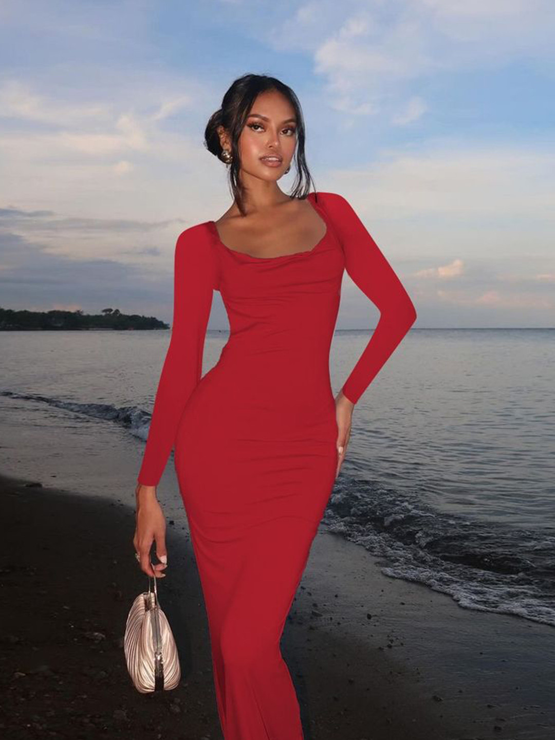 

LULU & SKY Round Neck Backless Maxi Dress, Red
