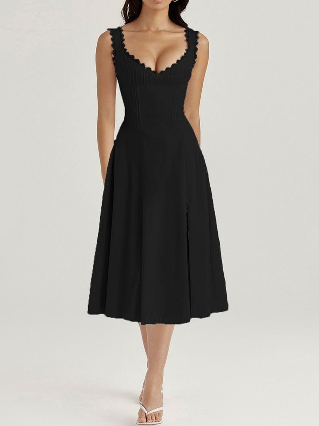 

LULU & SKY Women V-Neck Fit & Flare Midi Dress, Black