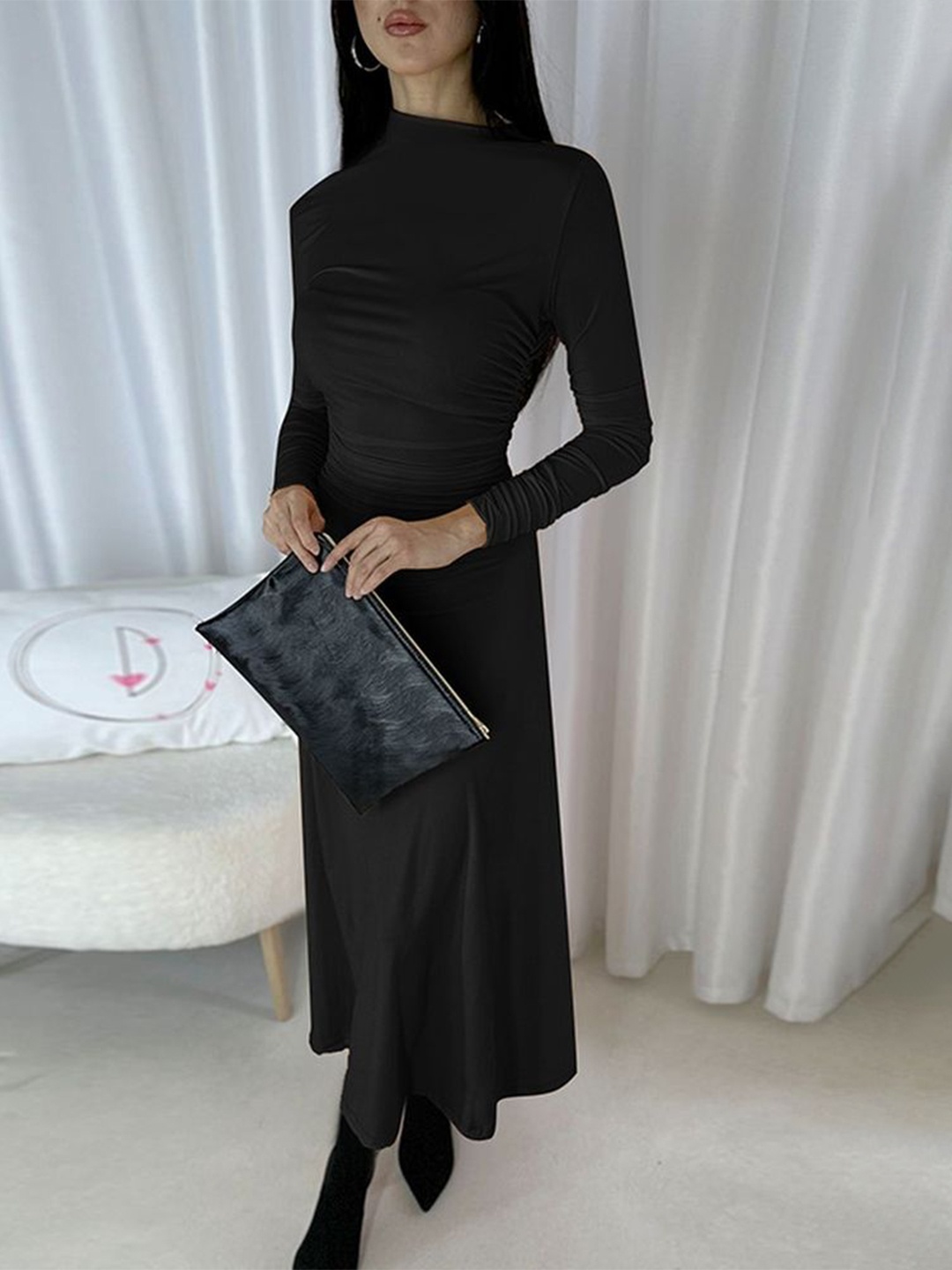 

LULU & SKY Mock Neck Ruched Maxi Dress, Black