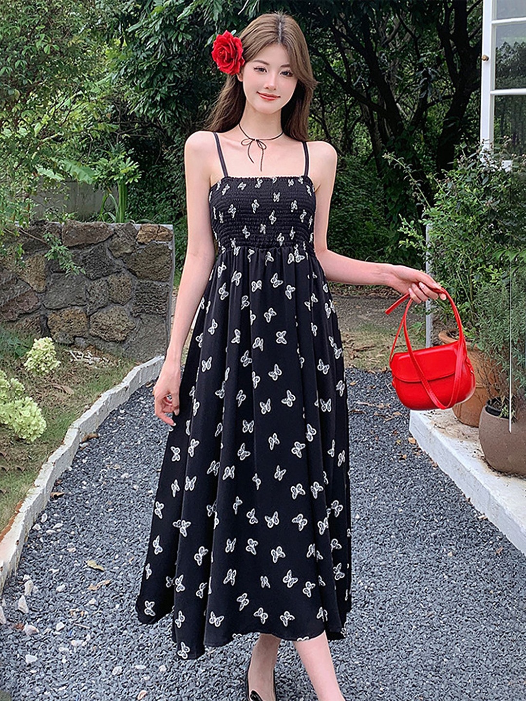 

LULU & SKY Women Printed Shoulder Straps Fit and Flare Dress, Black