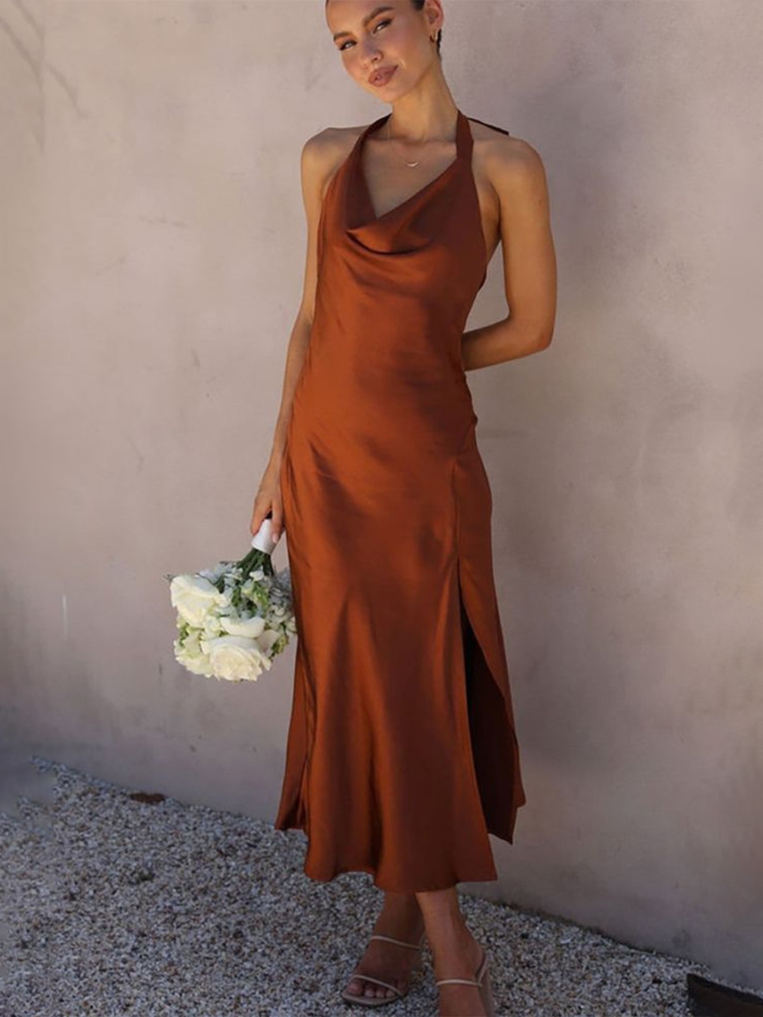 

LULU & SKY Women A-Line Halter Neck Sleeveless Asymmetric Hem Midi Dress, Brown