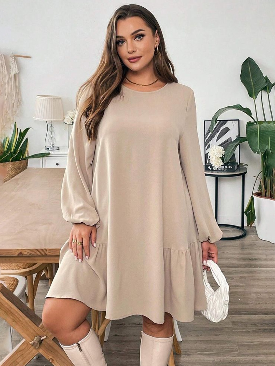 

LULU & SKY Women Bell Sleeve A-Line Plus Size Dress, Beige