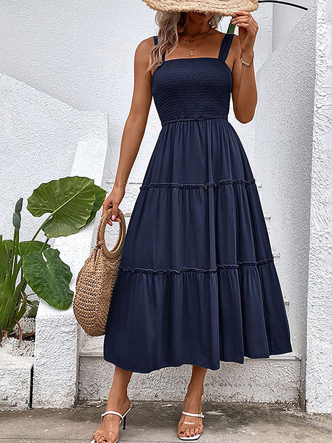 

LULU & SKY Women Shoulder Straps Tiered Fit and Flare Midi Dress, Navy blue