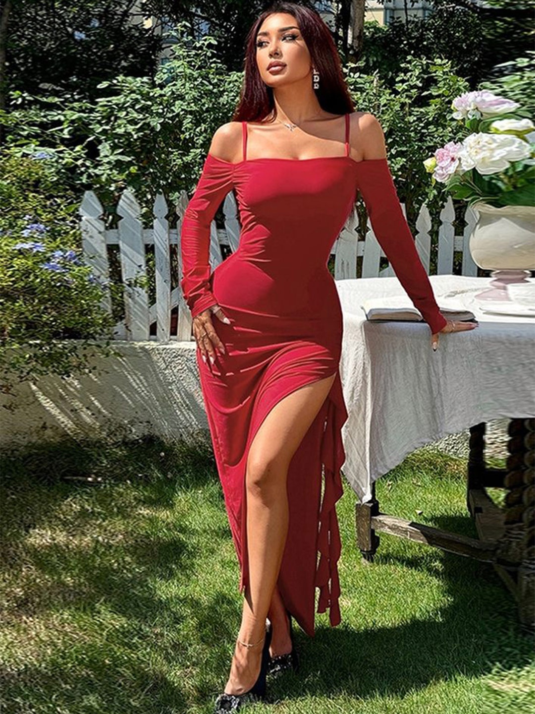 

LULU & SKY Women Cold Shoulder Bodycon Maxi Dress, Red