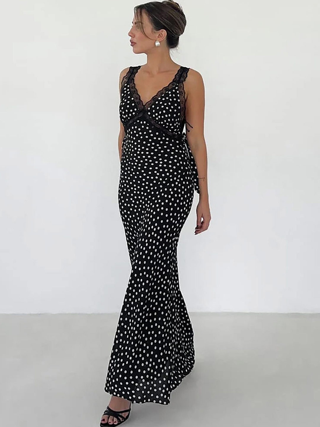 

LULU & SKY Women Printed Tie-Ups Lace Detail Maxi Dress, Black