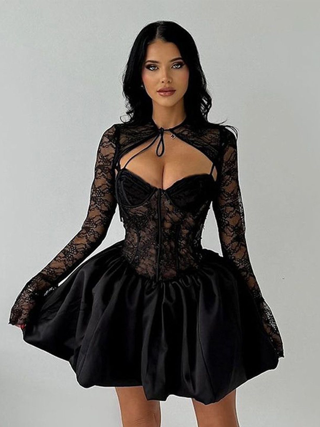 

LULU & SKY Tie-Up Neck Corset Mini Dress, Black