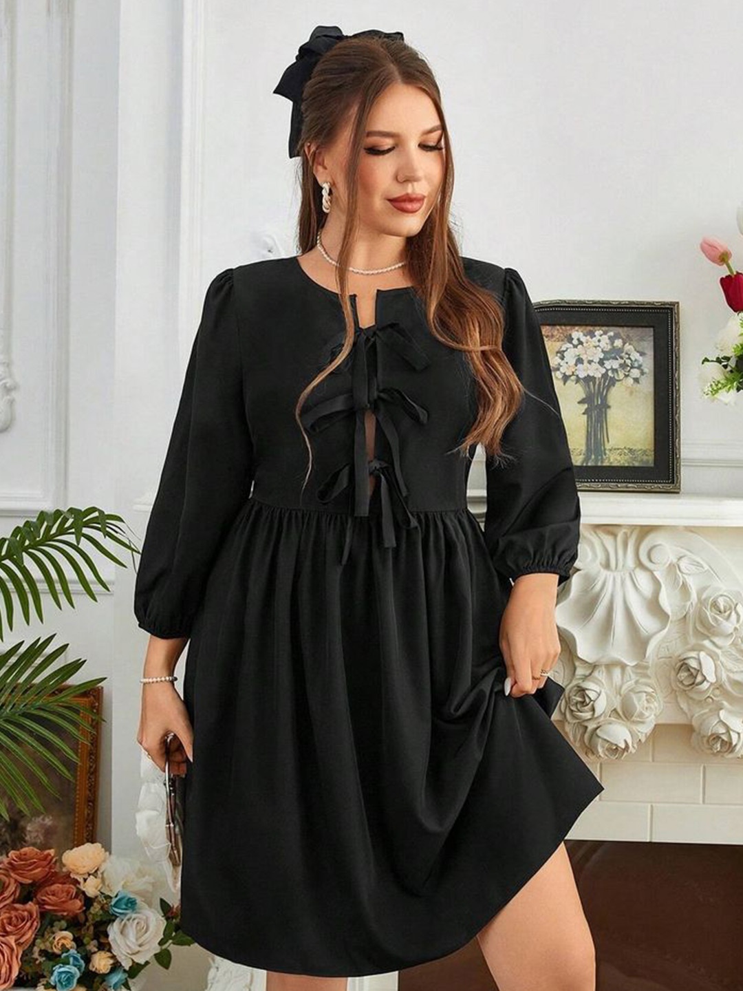 

LULU & SKY Women Puff Sleeve Fit & Flare Dress, Black