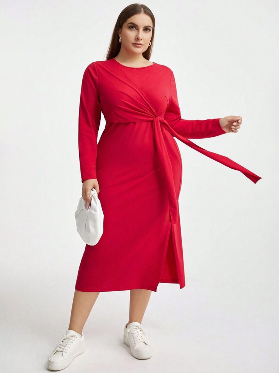 

LULU & SKY Women Plus Size A-Line Round Neck Midi Dress, Red