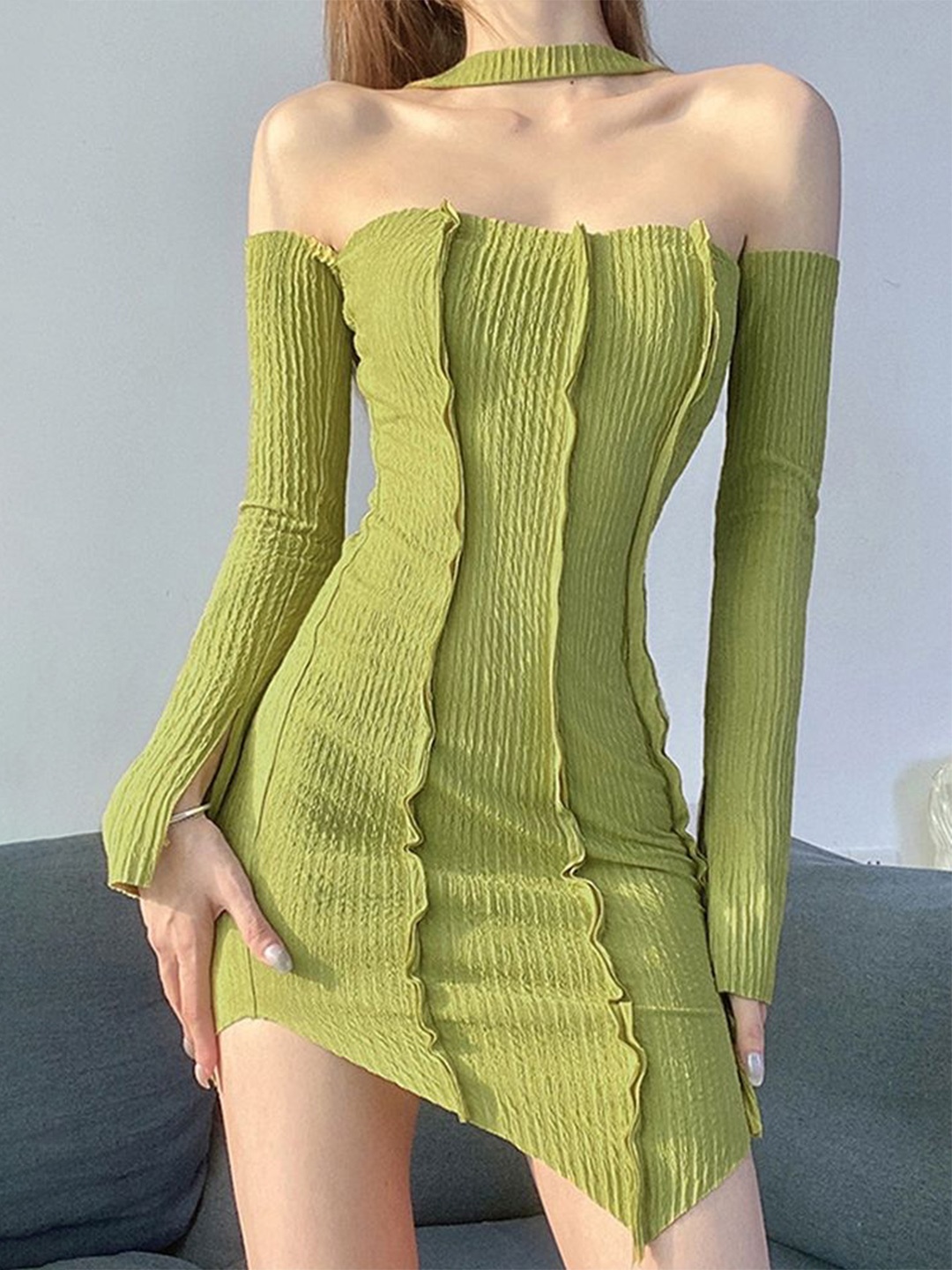 

LULU & SKY Women Self Design Off-Shoulder Bodycon Dress, Green