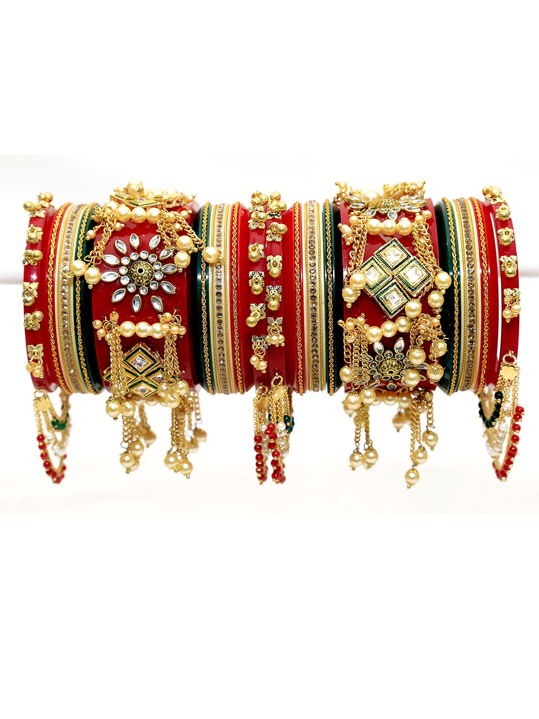 

Zindura Set Of 2 Gold-Plated Stone Studded & Pearl Beaded Chuda Bangles