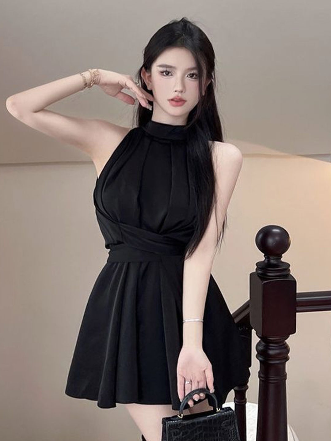 

LULU & SKY Women Halter Neck A-Line Dress, Black