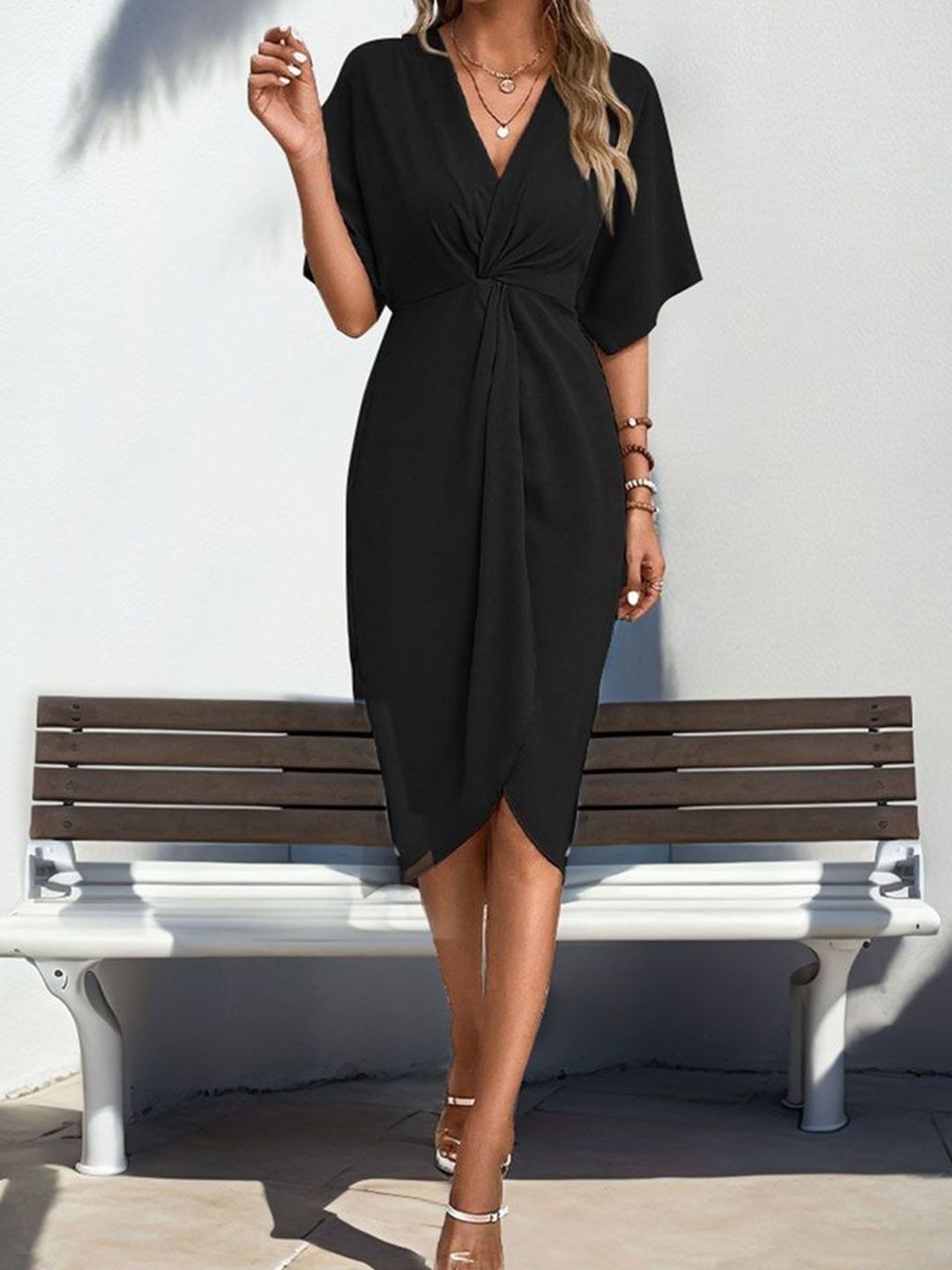 

LULU & SKY Women V-neck Sheath Midi Dress, Black