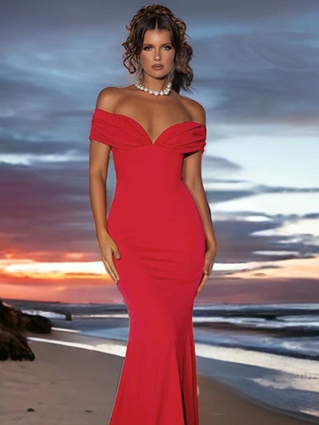 

LULU & SKY Women Off-Shoulder Bodycon Maxi Dress, Red