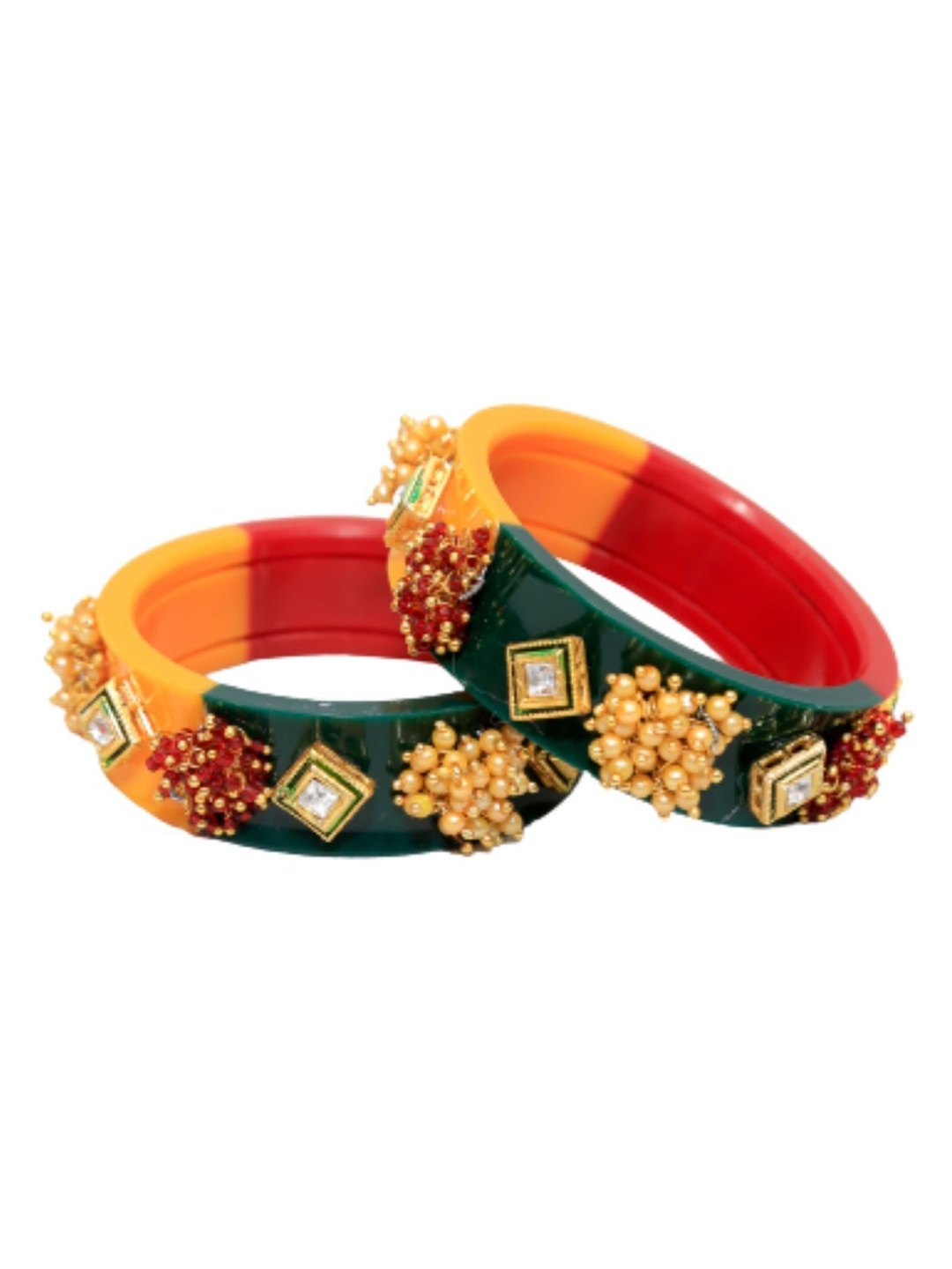 

Zindura Set Of 2 Gold Plated Artificial Stone Studded & Pearl Beaded Chudas Bangles