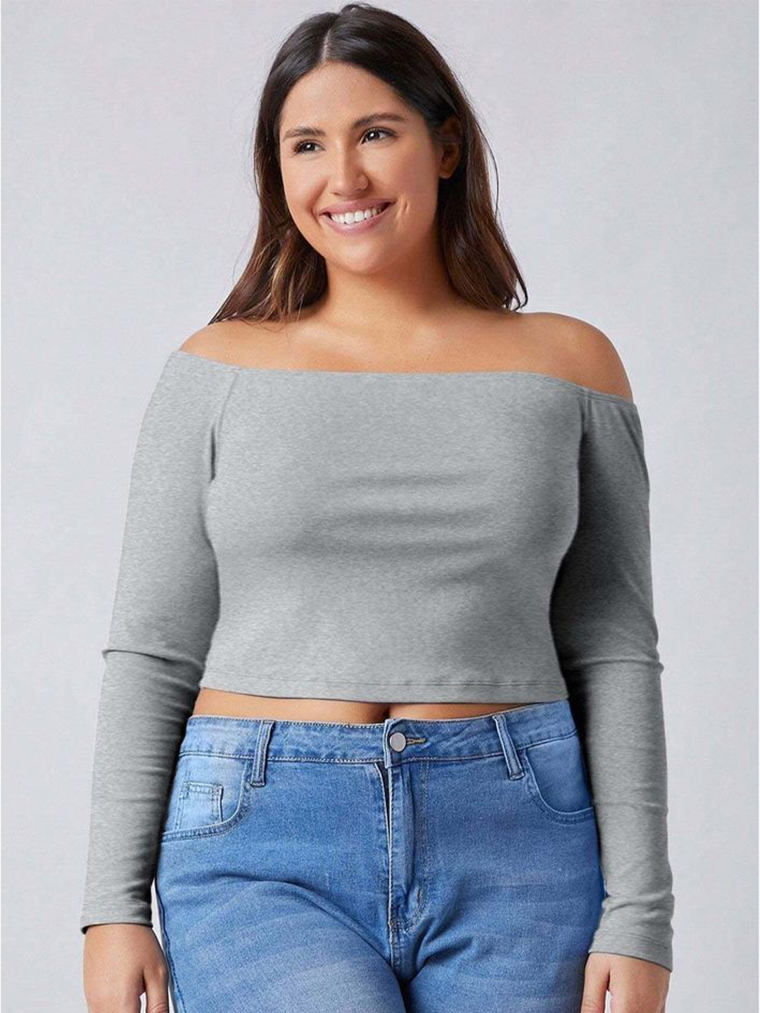 

LULU & SKY Women Plus Size Off-Shoulder Bardot Crop Top, Grey
