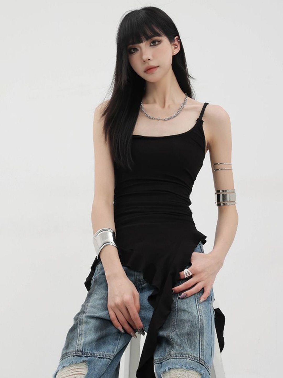 

LULU & SKY Ruffle Trim Detail Cotton Top, Black