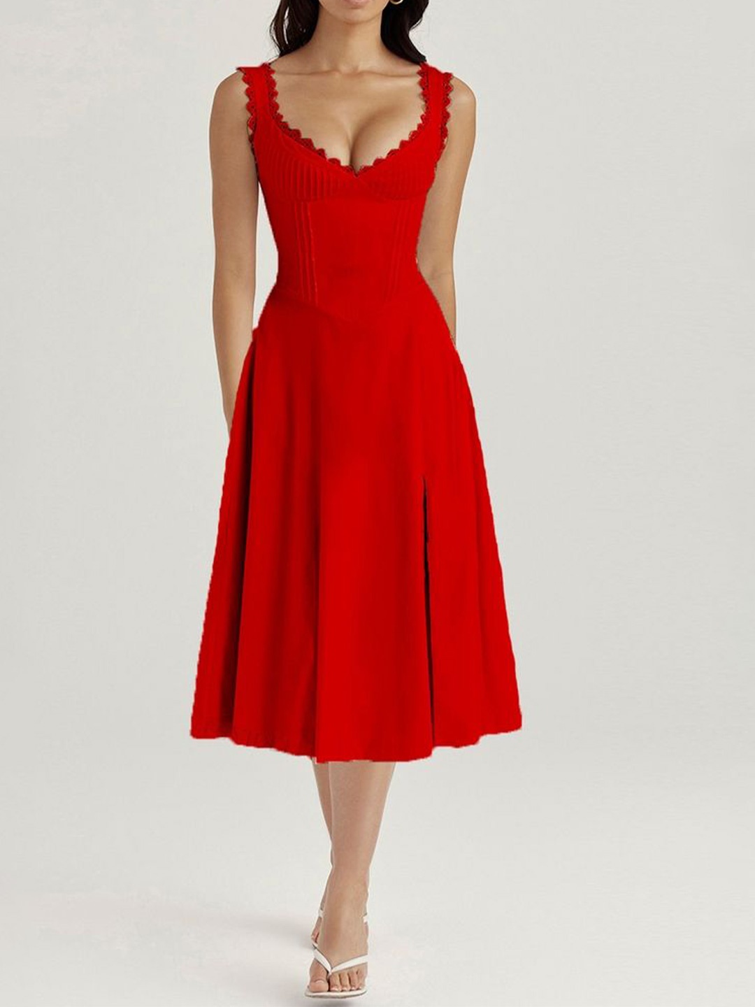 

LULU & SKY Shoulder Straps Fit & Flare Midi Dress, Red