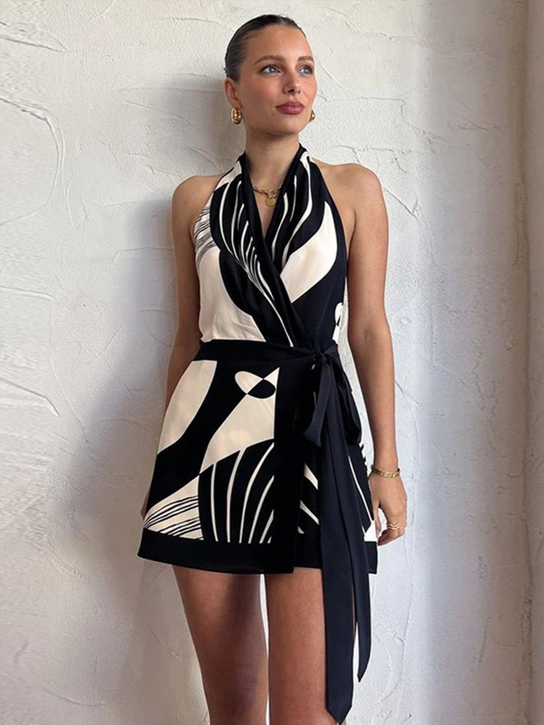 

LULU & SKY Women Printed Halter Neck Sleeveless Wrap Mini Dress, Black