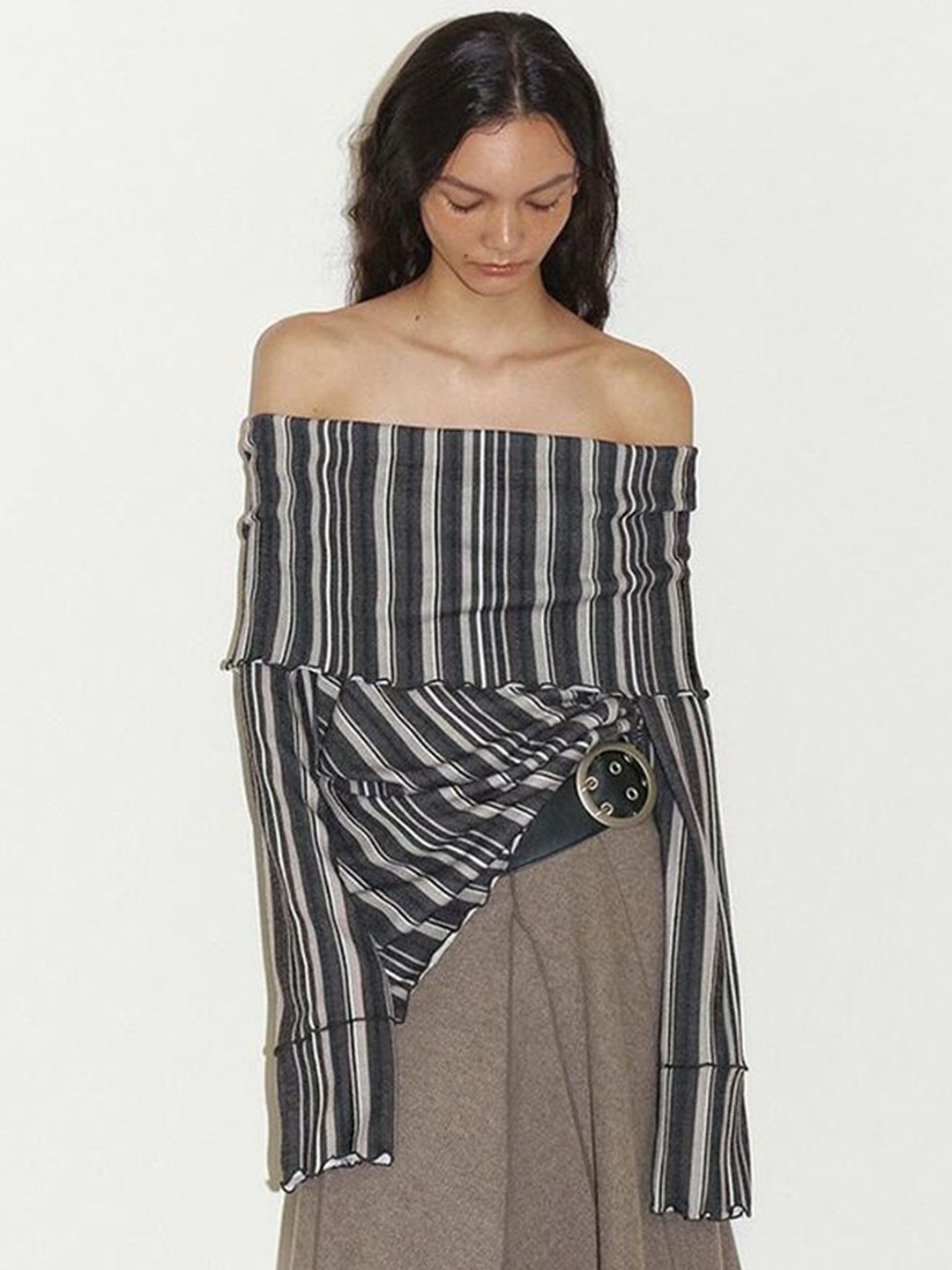 

LULU & SKY Women Striped Off-Shoulder Bell Sleeve Bardot Top, Black