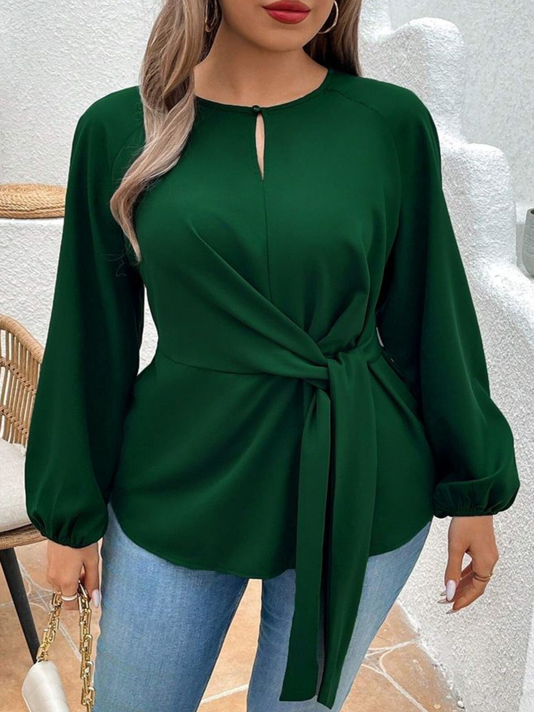 

LULU & SKY Women Plus Size Keyhole Neck Puff Sleeve Top, Green