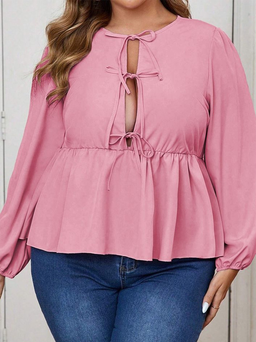 

LULU & SKY Plus Size Tie-up Cinched Waist Top, Pink