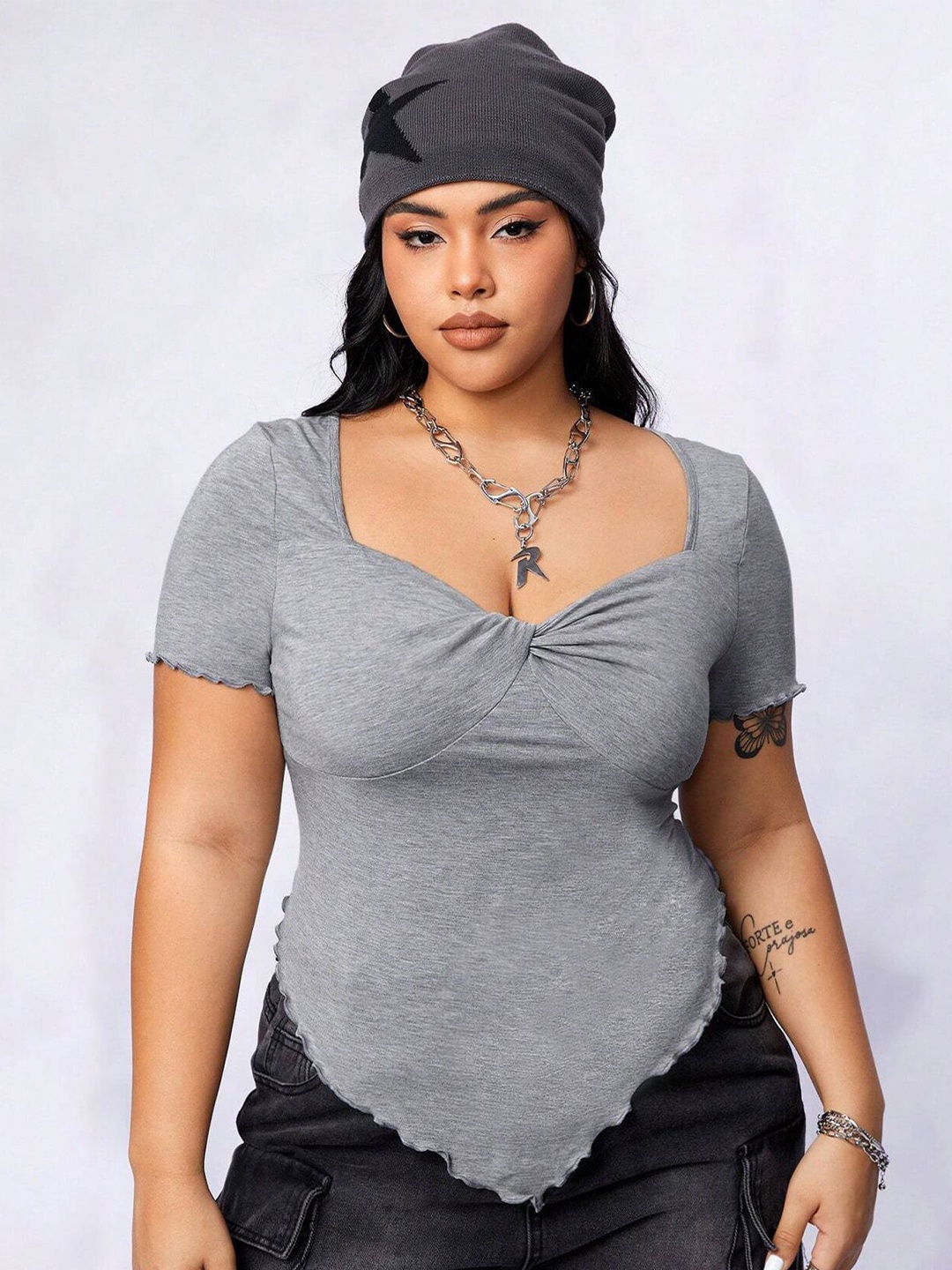 

LULU & SKY Women Plus Size Sweetheart Neck Knitted Top, Grey