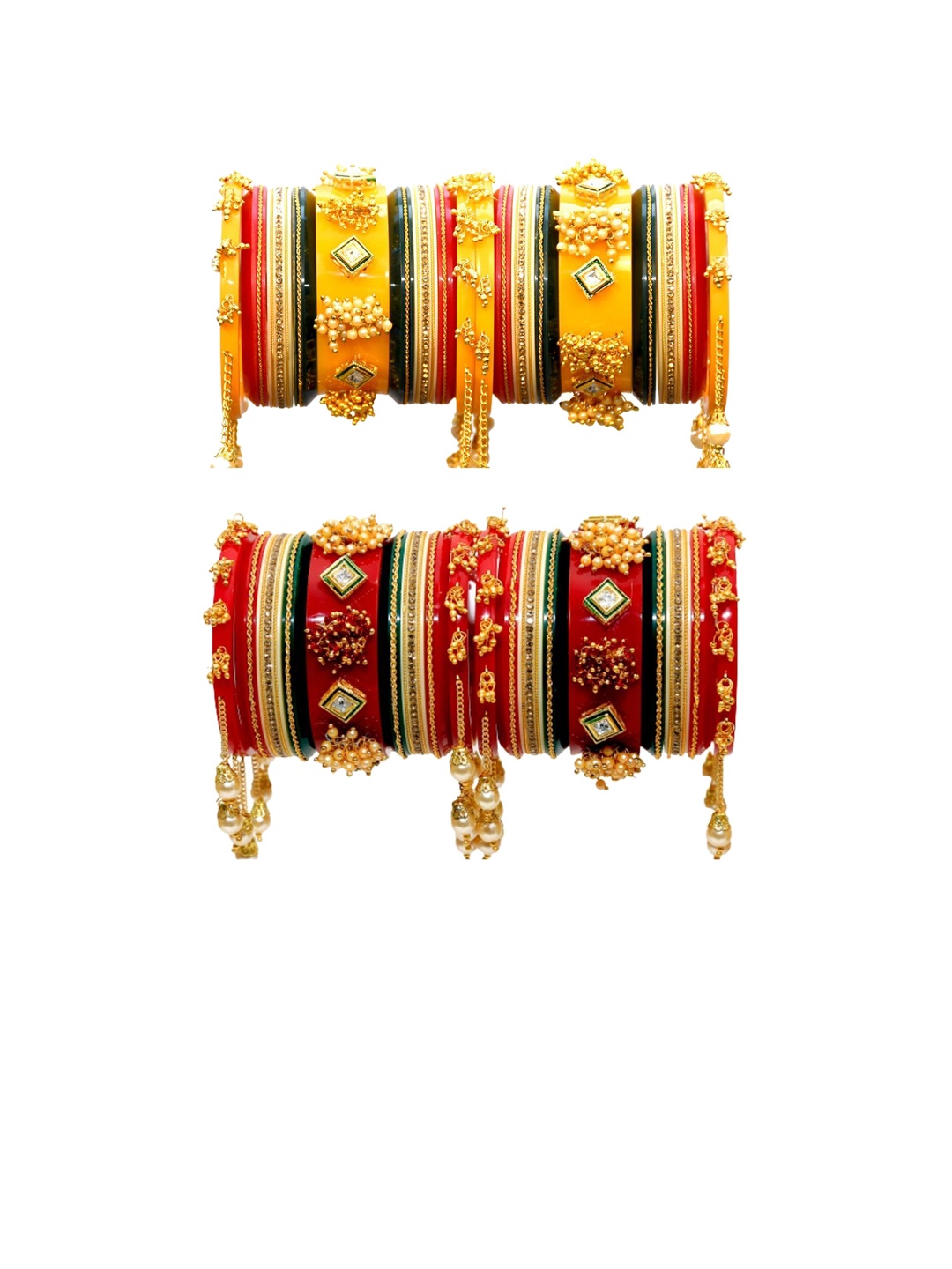 

Zindura Set of 2 Gold-Plated Artificial Stone-Studded & Beaded Chuda Bangles With Hangings