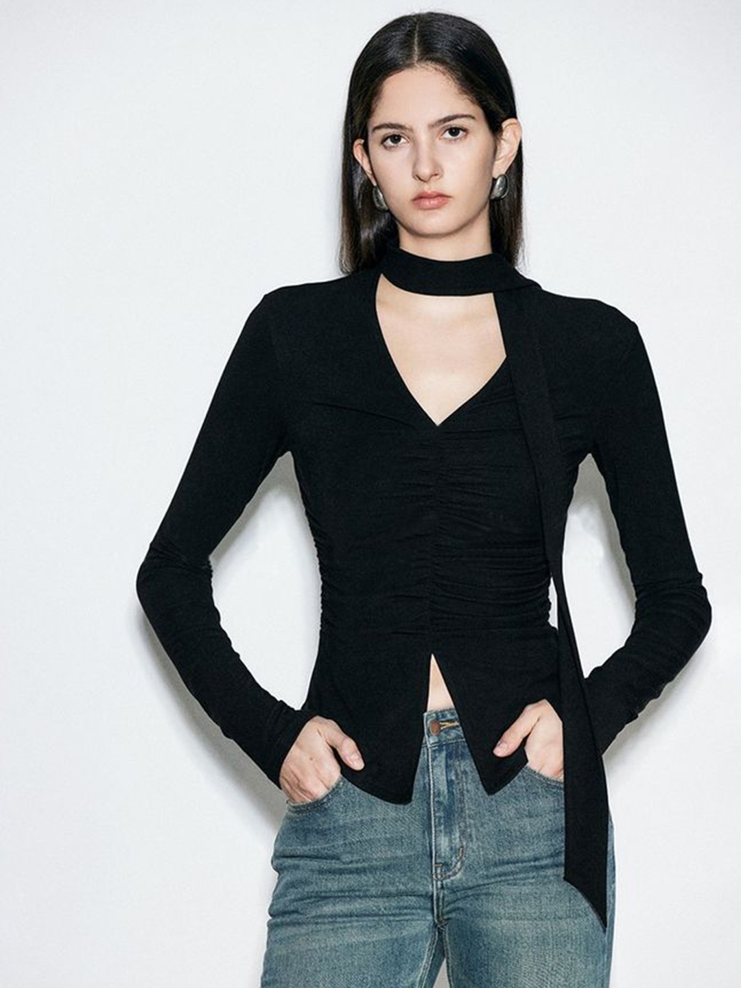 

LULU & SKY Women Choker Neck Top With Cut-Out Detailed, Black