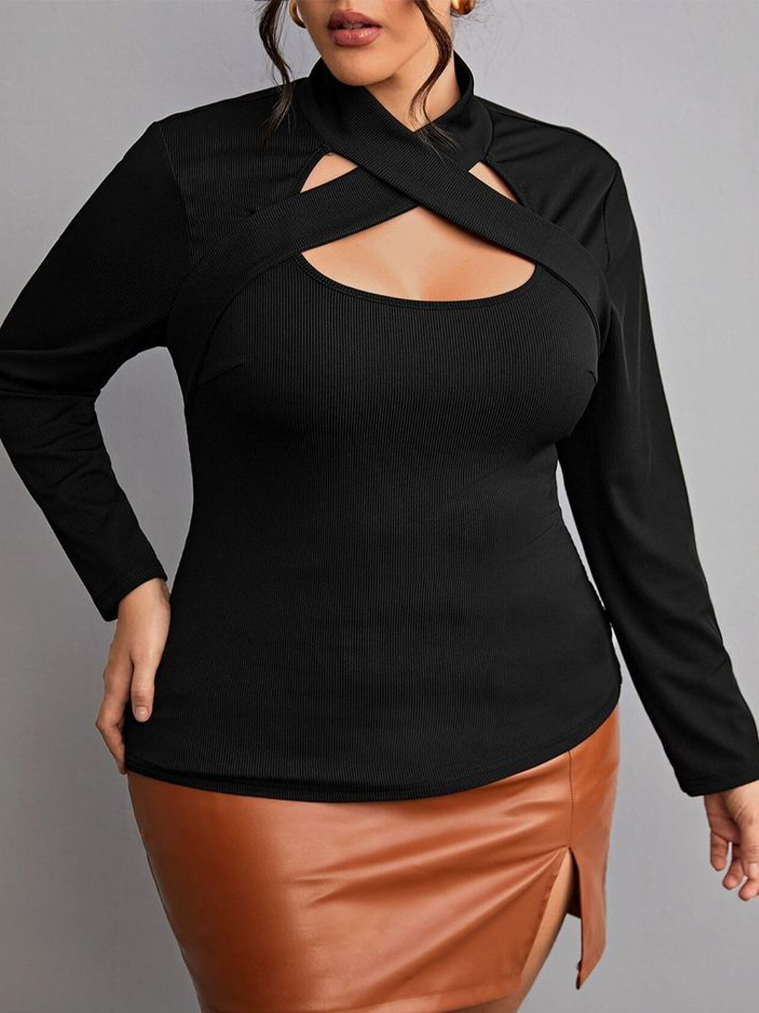 

LULU & SKY Women Plus Size Fitted Top With Cut-Out Details, Black