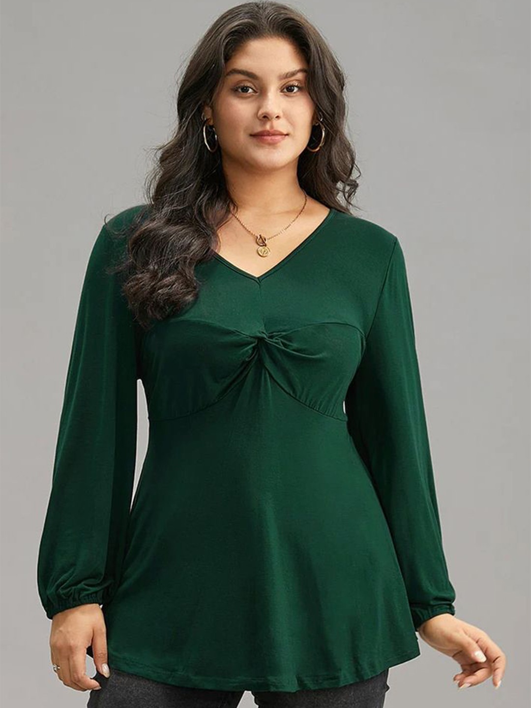 

LULU & SKY Women Plus Size V Neck Puff Sleeve Top, Green