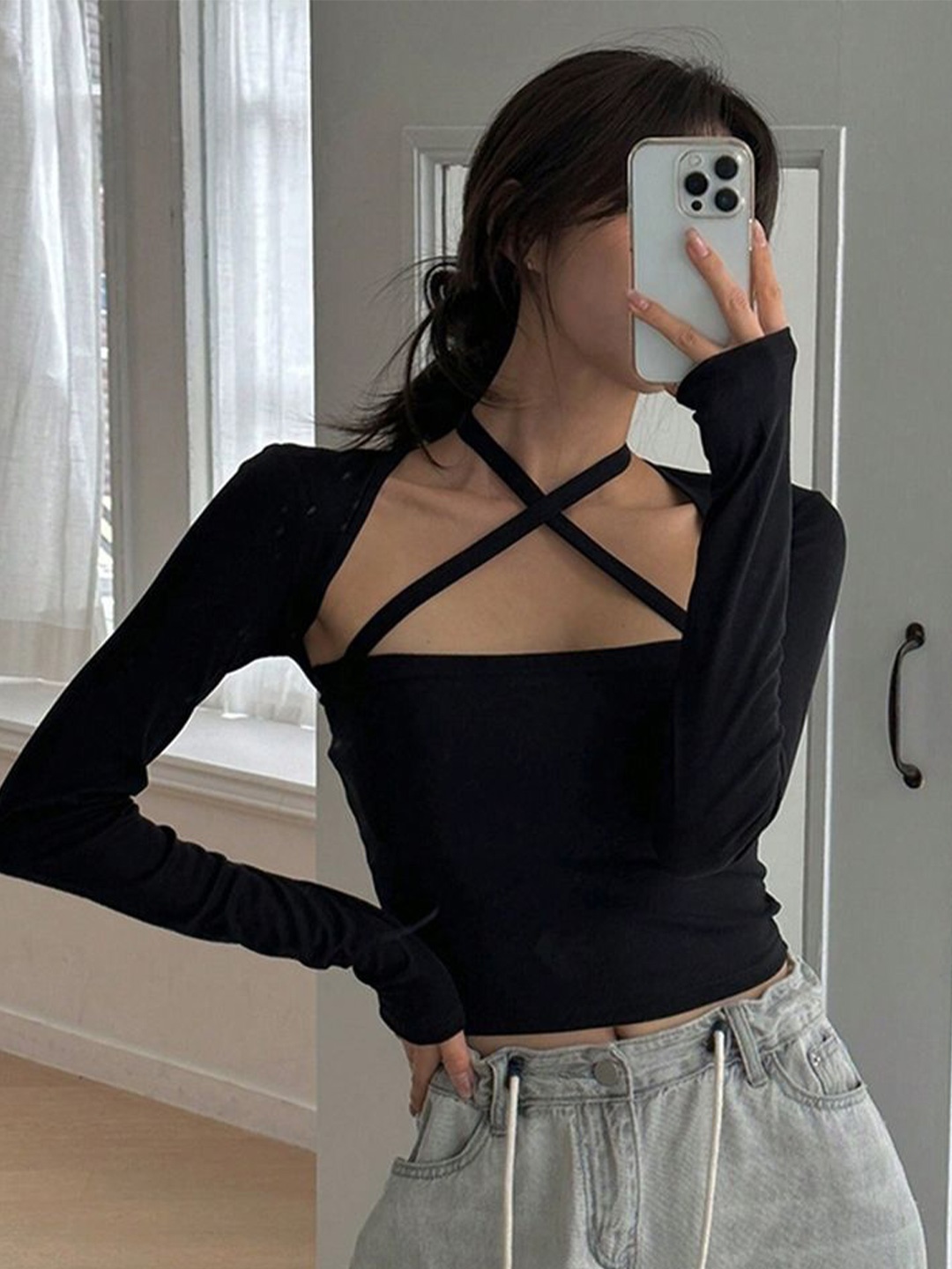

LULU & SKY Women Fitted Crop Top With Cut-Out Details, Black