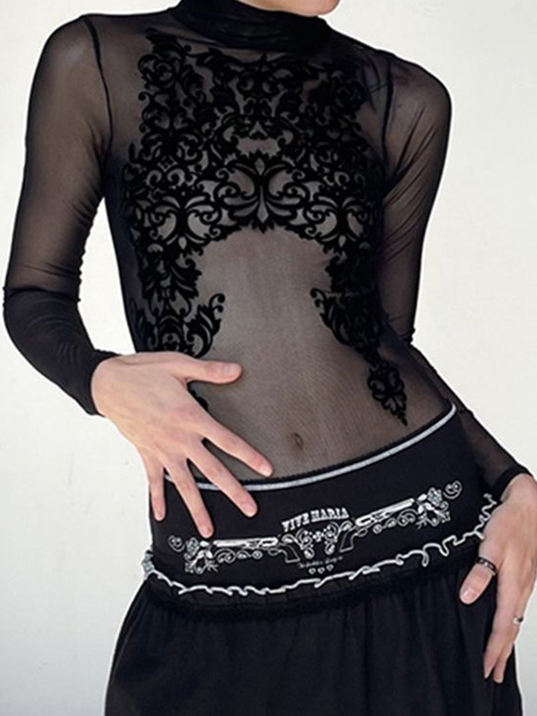 

LULU & SKY Women Self Design Floral Sheer Fitted Top, Black