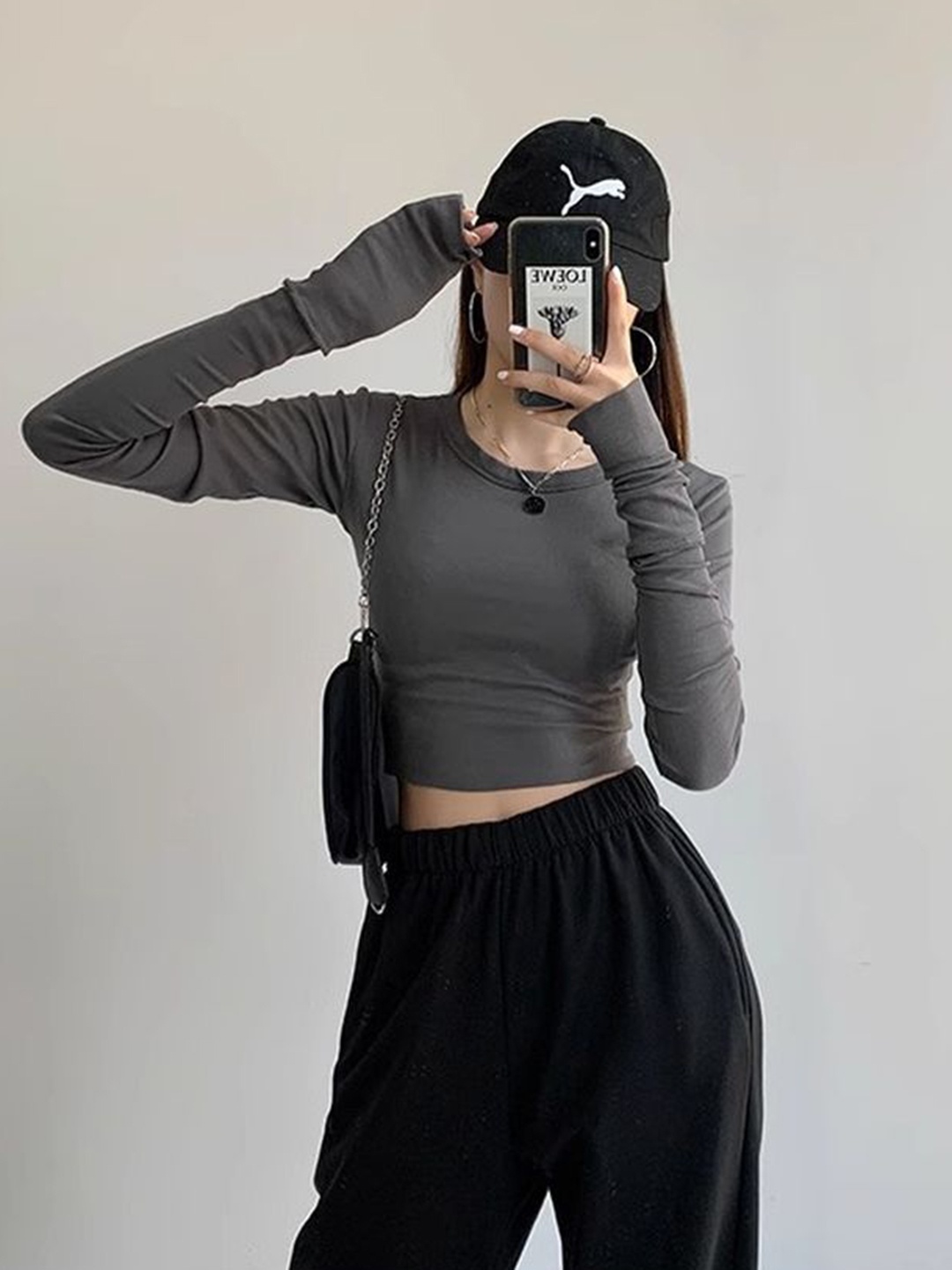 

LULU & SKY Women Long Sleeves Fitted Crop Top, Grey