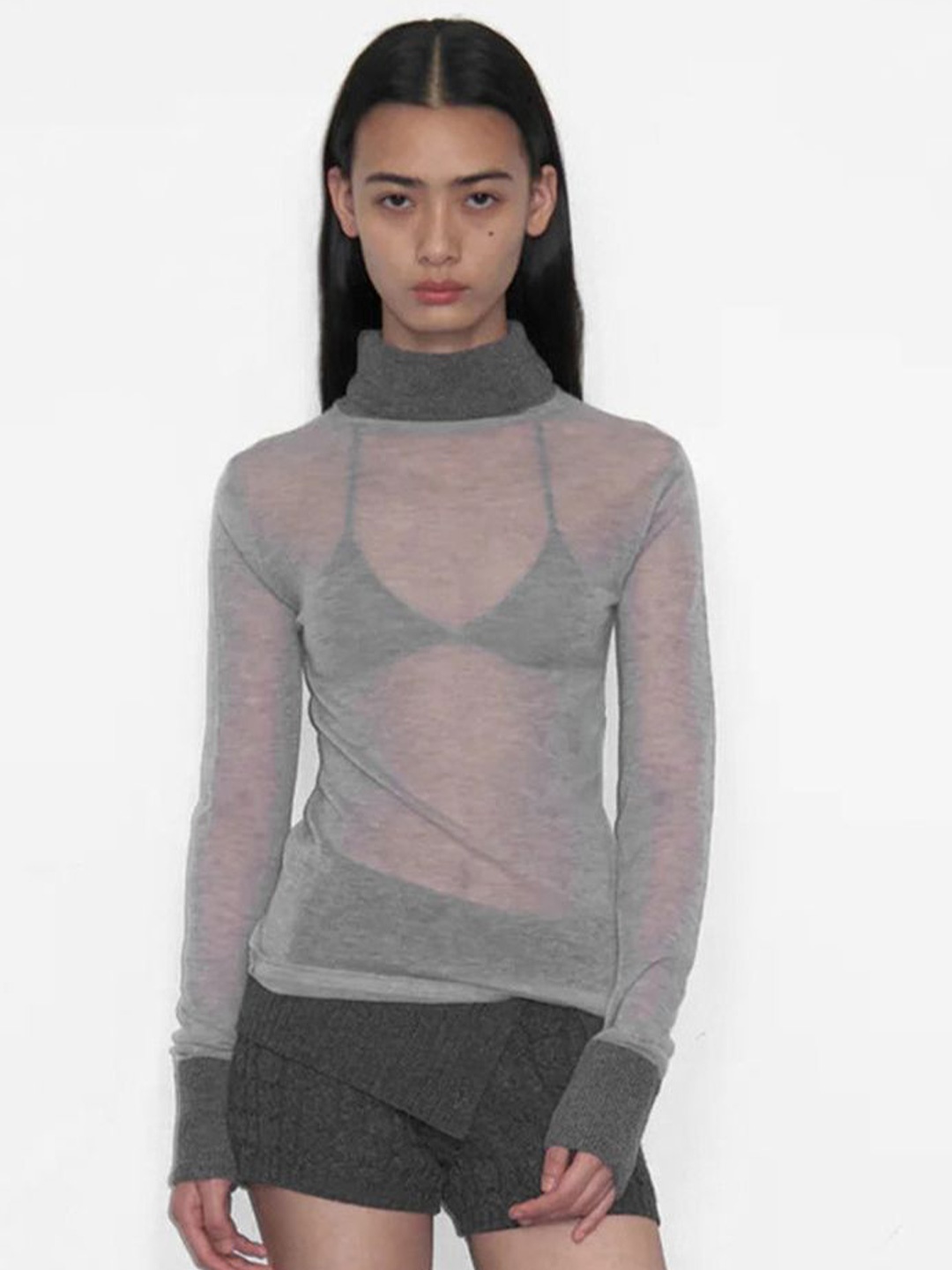 

LULU & SKY Women High Neck Sheer Fitted Top, Grey