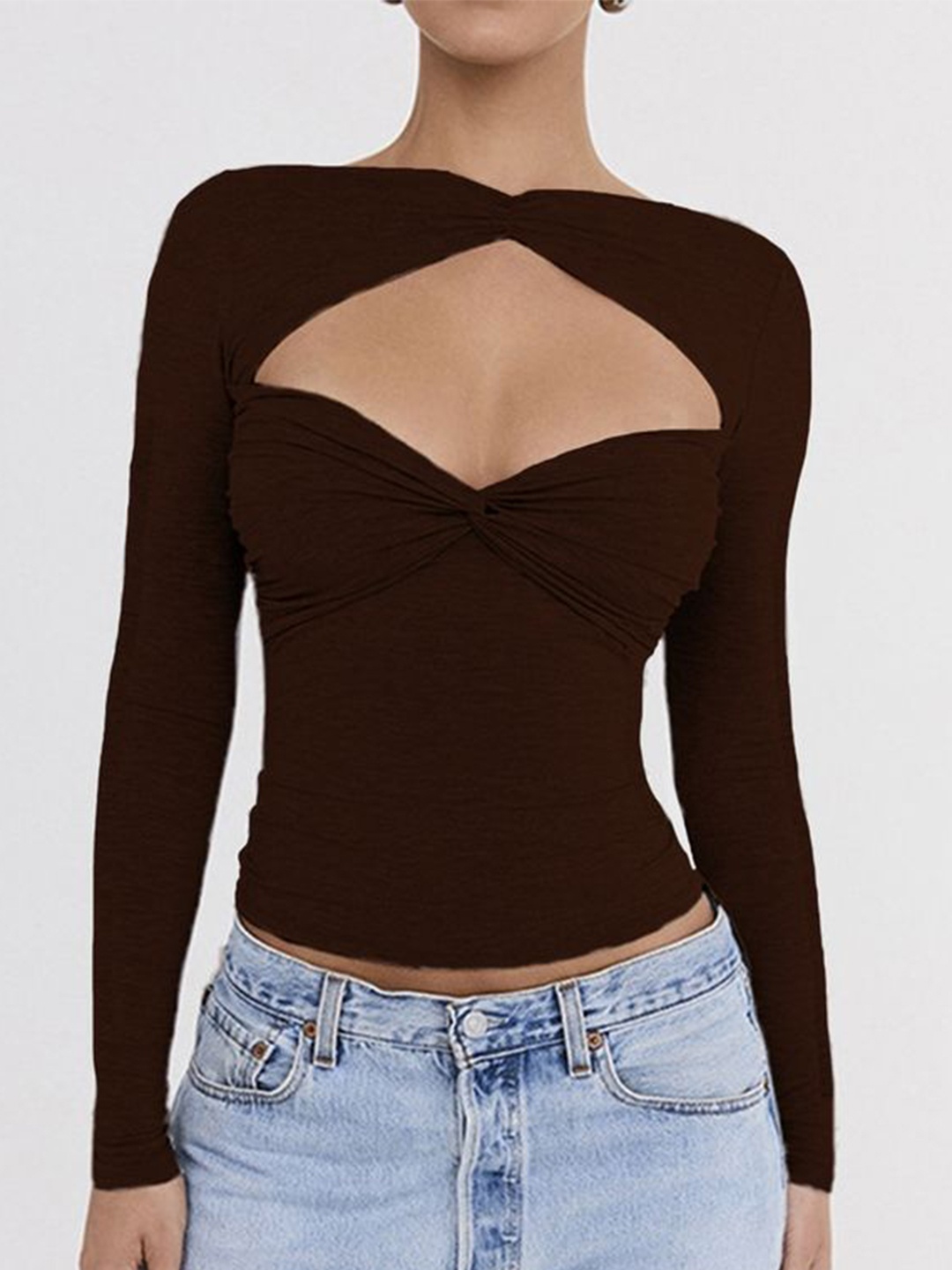 

LULU & SKY Cut Out Detail Crop Fitted Top, Brown