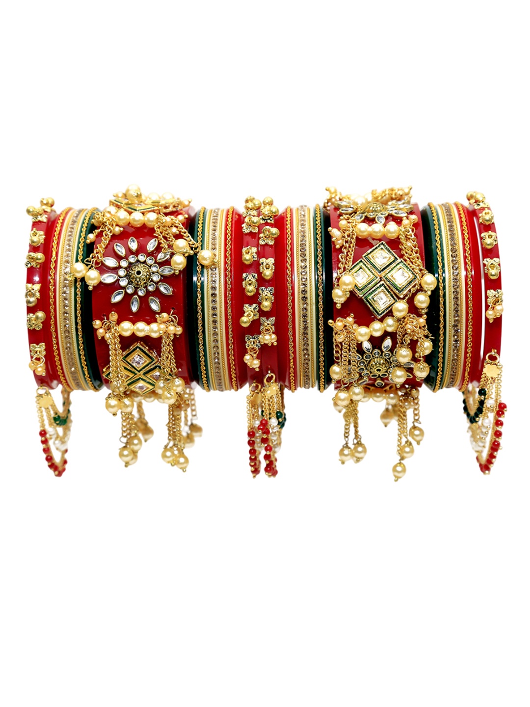 

Zindura Set Of 2 Gold Plated Stone Studded & Pearls Beaded Chudas Bangles