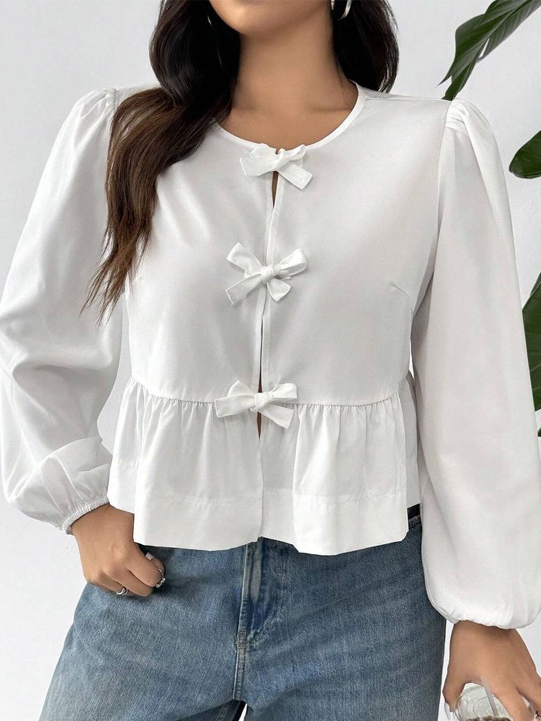 

LULU & SKY Women Tie-Up Neck Puff Sleeve Peplum Top, Off white