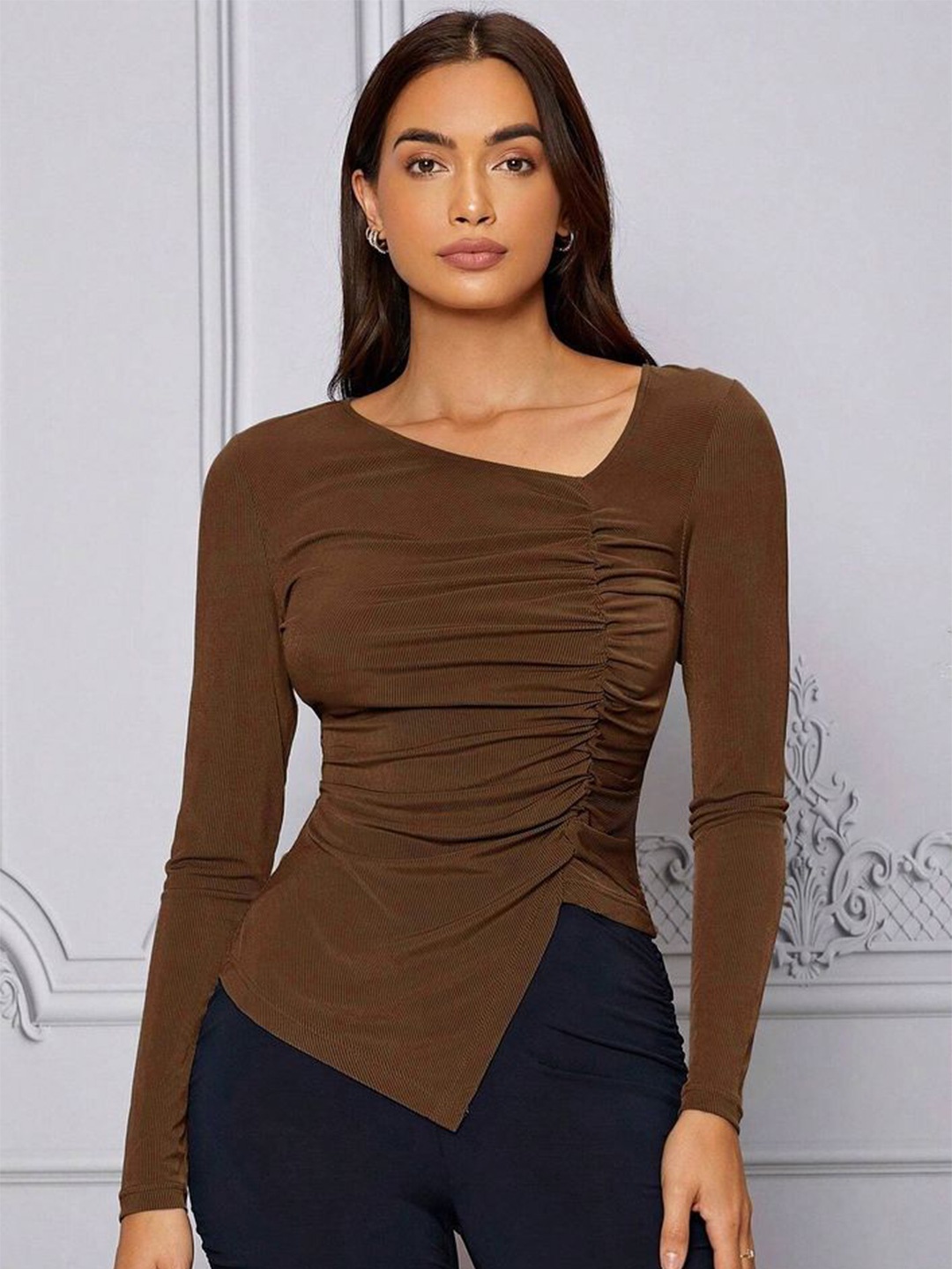 

LULU & SKY Women Asymmetric Neck Ruched Fitted Top, Brown