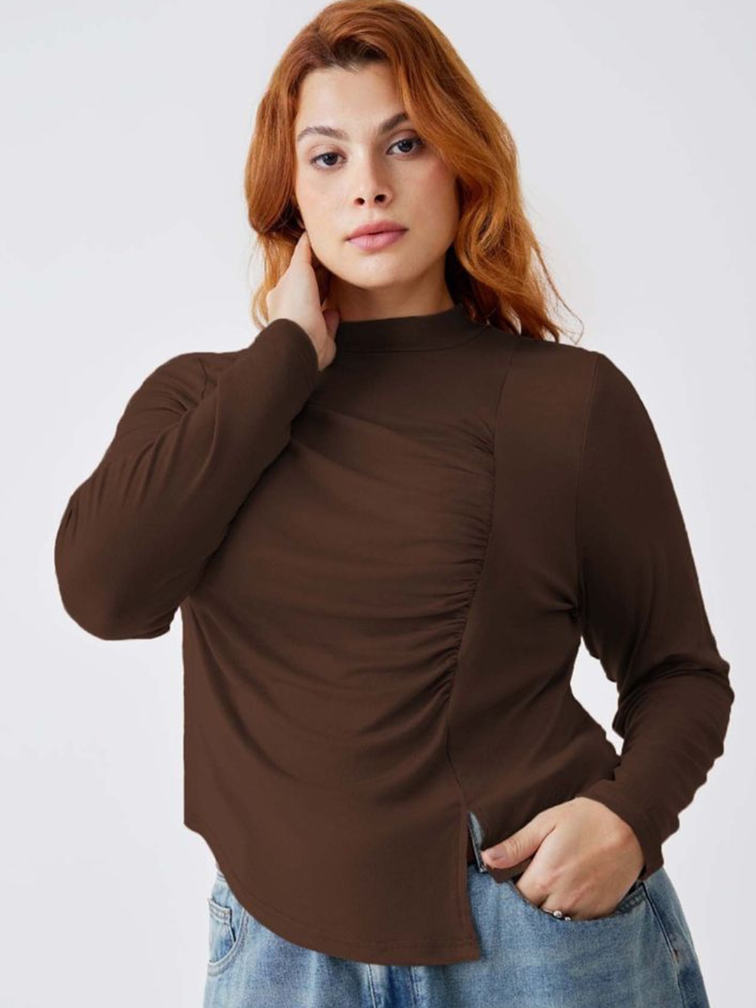 

LULU & SKY Women Plus Size High Neck Top, Brown