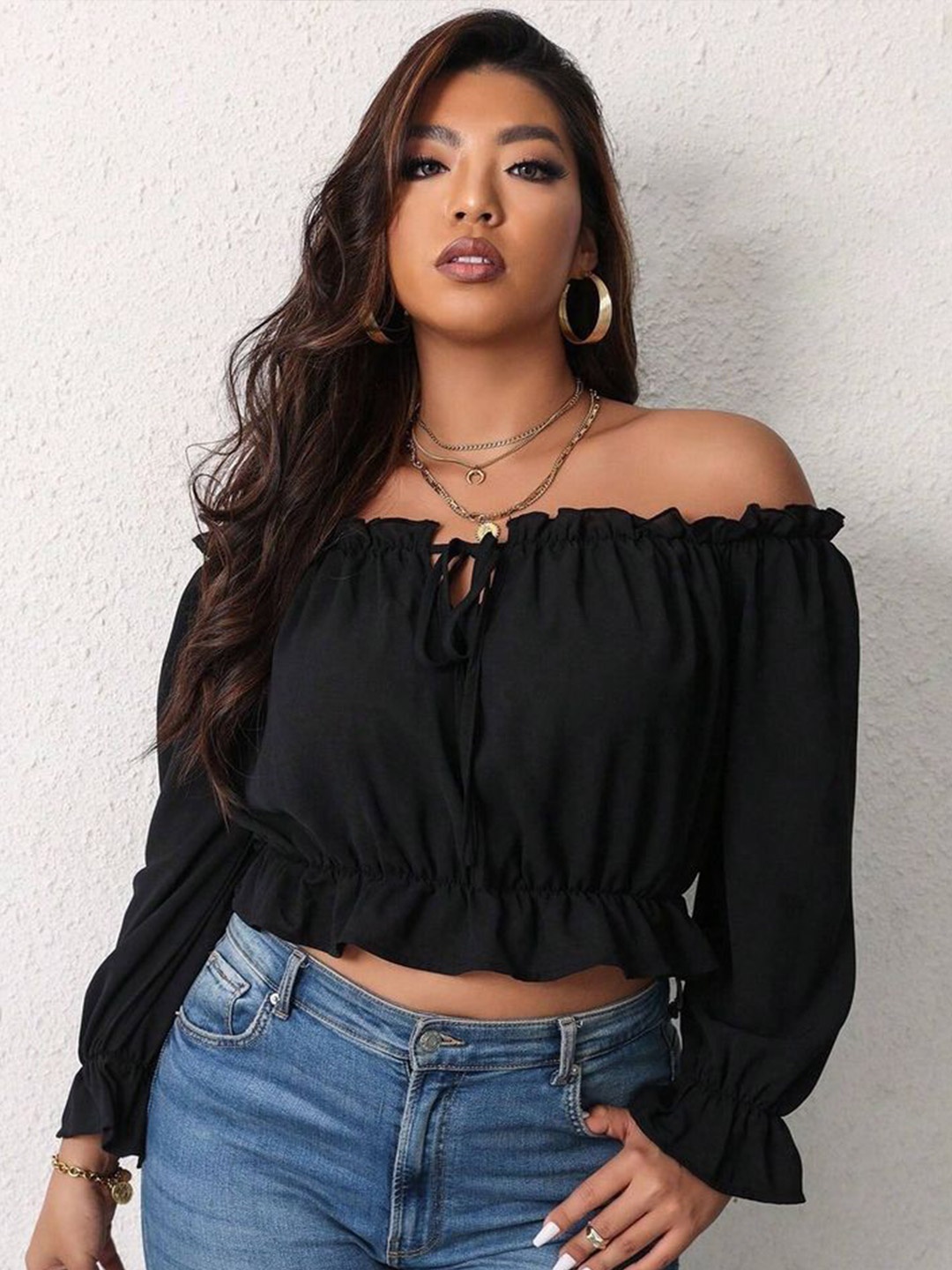 

LULU & SKY Women Plus Size Off-Shoulder Bardot Crop Top, Black