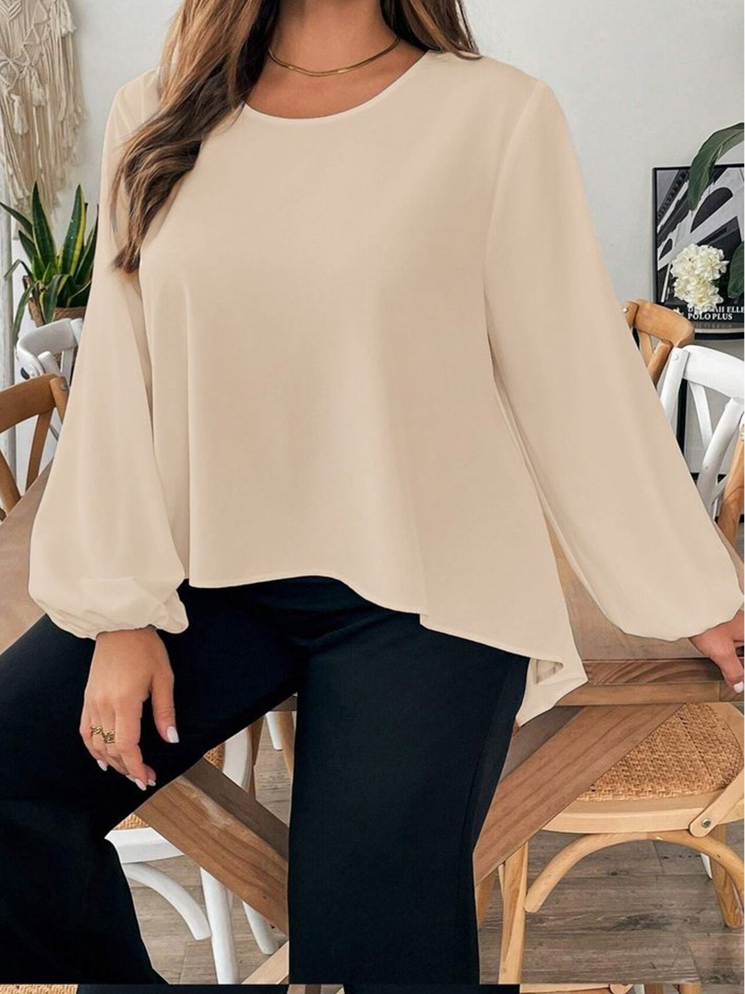 

LULU & SKY Women Round Neck Flared Sleeve Top, Beige
