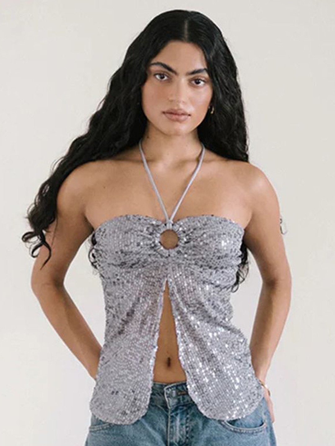 

LULU & SKY Women Printed Halter Neck Top, Silver