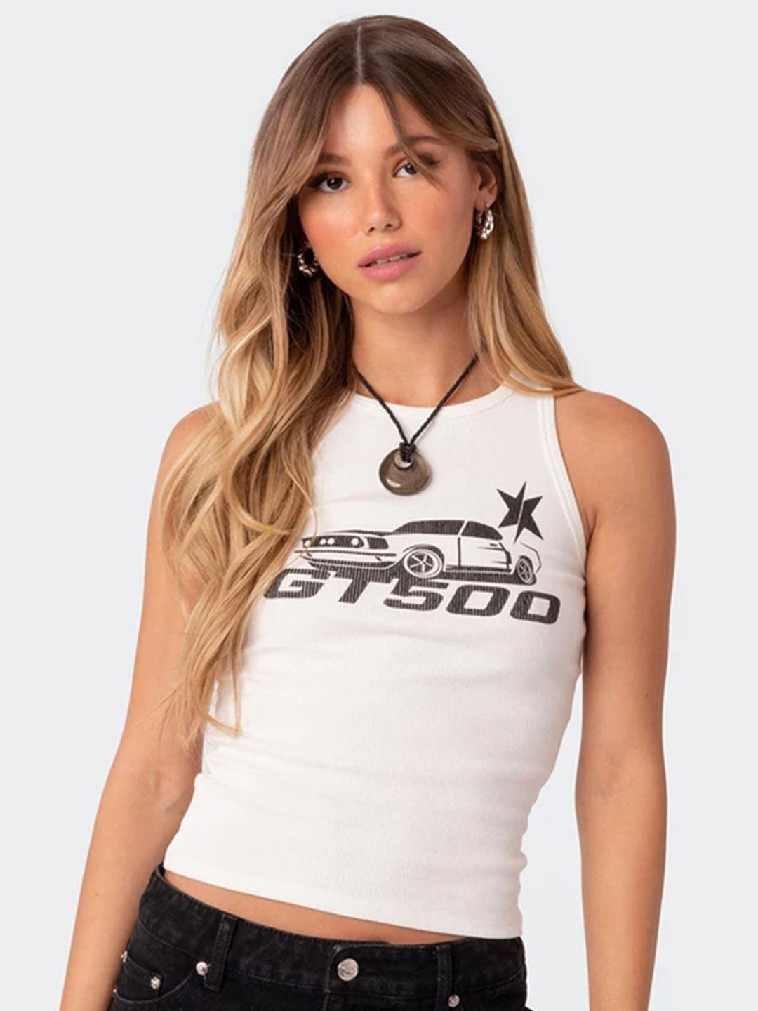 

LULU & SKY Printed Fitted Tank Crop Top, White