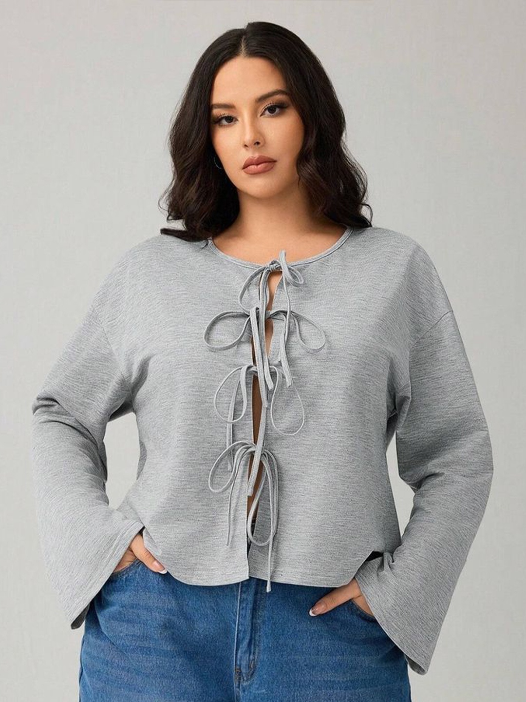 

LULU & SKY Women Plus Size Tie-Up Neck Bell Sleeves Top, Grey